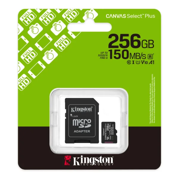 Tarjeta de Memoria KINGSTON Canvas Select Plus MicroSDXC 256GB Gen3 A1 150MB/s c/adaptador